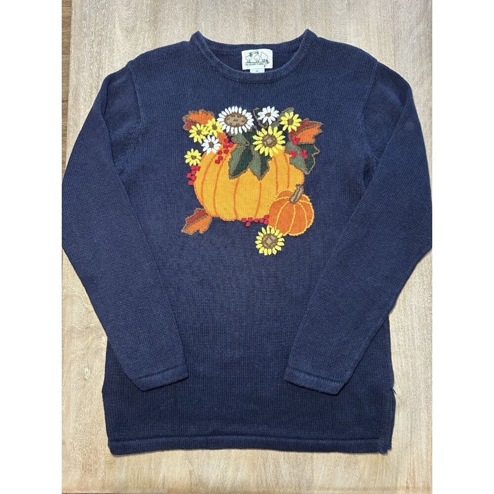 Quacker Factory Embroidered Fall Thanksgiving Navy Sweater Size XS